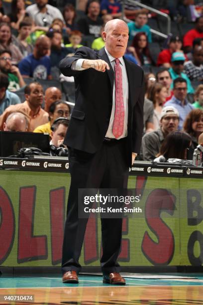 Coach Steve Clifford of the Charlotte Hornets looks on during the game against the Philadelphia 76ers on April 1, 2018 at Spectrum Center in...