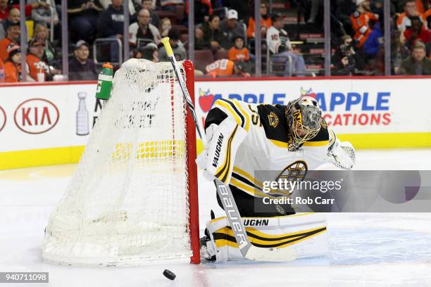 Anton Khudobin of the Boston Bruins blocks a shot in the second period against the Philadelphia Flyers at Wells Fargo Center on April 1, 2018 in...