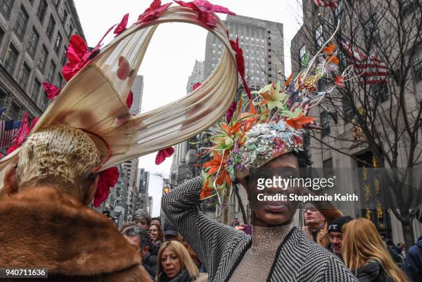 Woman wears an Easter bonnet while participating in the annual Easter parade along 5th Ave. On April 1, 2018 in New York City. Dating back to the...