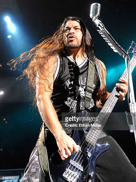 Metallica bassist Robert Trujillo performs during a sold-out concert at the Mandalay Bay Events Center December 5, 2009 in Las Vegas, Nevada. The...