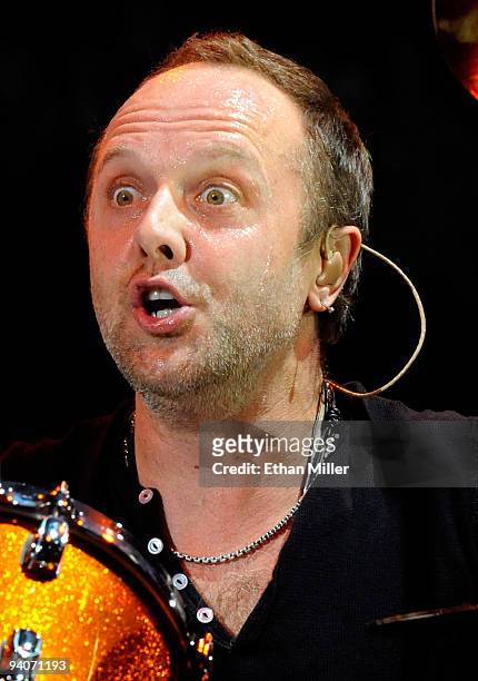 Metallica drummer Lars Ulrich performs during a sold-out concert at the Mandalay Bay Events Center December 5, 2009 in Las Vegas, Nevada. The band is...