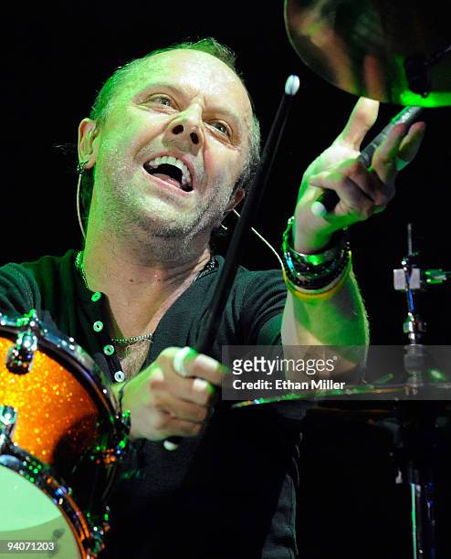 Metallica drummer Lars Ulrich performs during a sold-out concert at the Mandalay Bay Events Center December 5, 2009 in Las Vegas, Nevada. The band is...