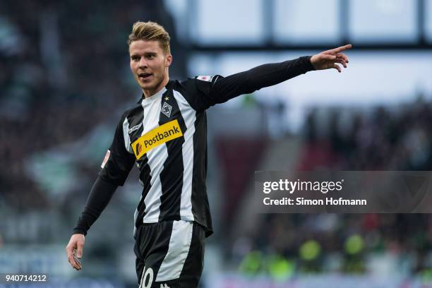 Nico Elvedi of Moenchengladbach gestures during the Bundesliga match between 1. FSV Mainz 05 and Borussia Moenchengladbach at Opel Arena on April 1,...