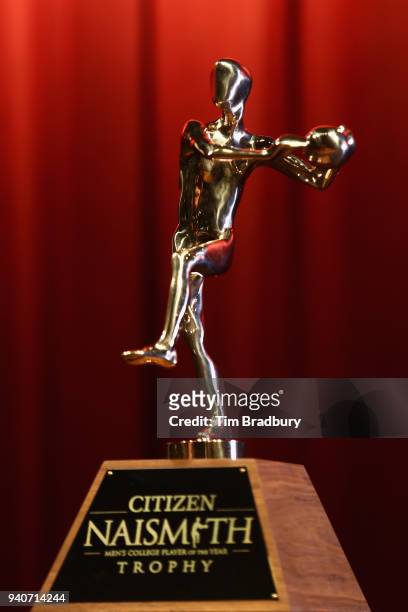 Detail of the 2018 Citizen Naismith Men's College Player of the Year trophy, awarded to Jalen Brunson of the Villanova Wildcats during the 2018...