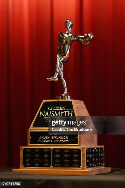 Detail of the 2018 Citizen Naismith Men's College Player of the Year trophy, awarded to Jalen Brunson of the Villanova Wildcats during the 2018...