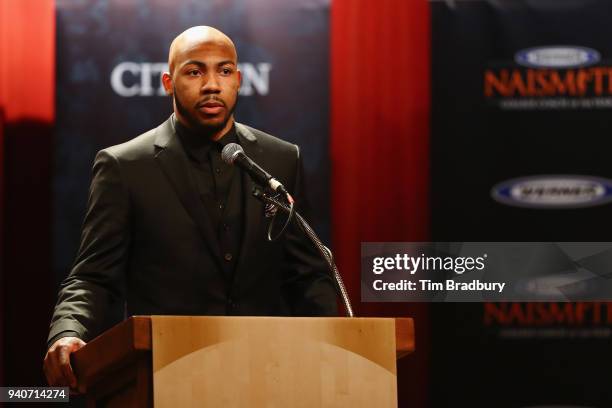 Naismith Defensive Player of the Year Jevon Carter of the West Virginia Mountaineers speaks during the 2018 Naismith Awards Brunch at the Pearl...