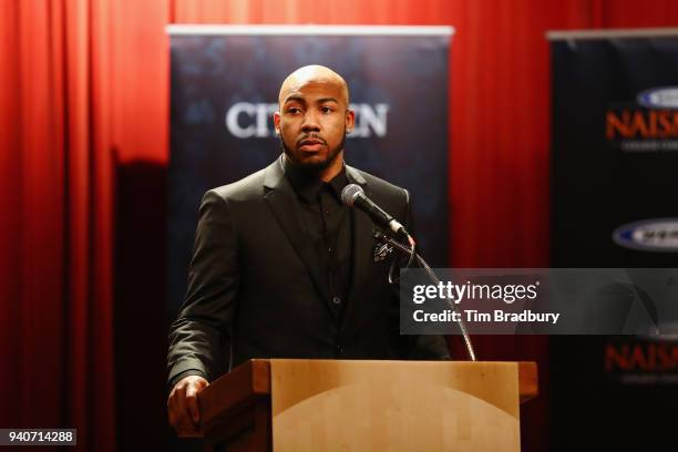 Naismith Defensive Player of the Year Jevon Carter of the West Virginia Mountaineers speaks during the 2018 Naismith Awards Brunch at the Pearl...