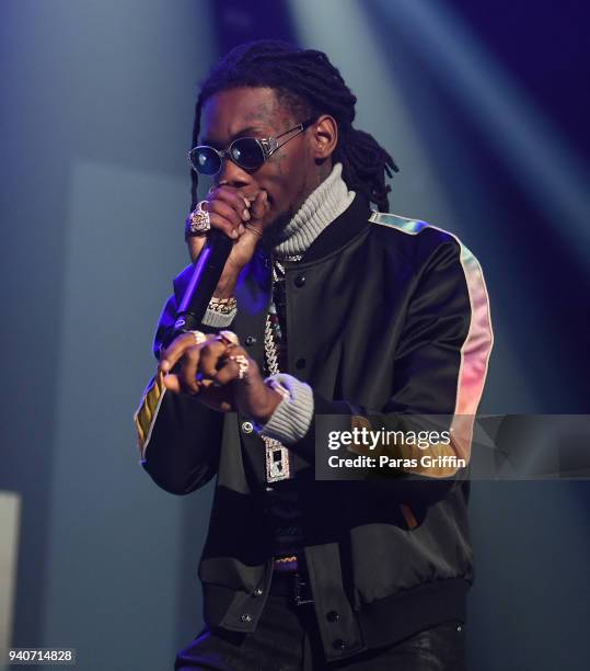 Rapper Offset of the Migos performs onstage in concert during V-103 Live Pop Up Concert at Philips Arena on March 31, 2018 in Atlanta, Georgia.