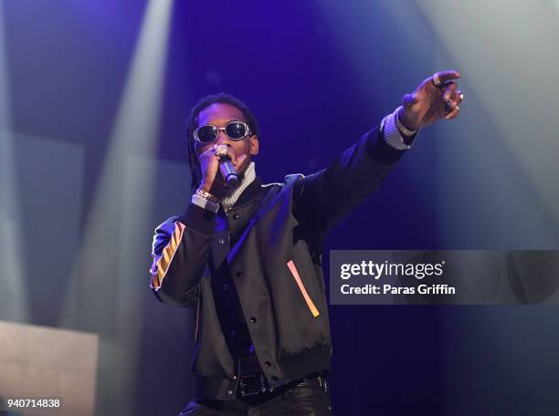 Rapper Offset of the Migos performs onstage in concert during V-103 Live Pop Up Concert at Philips Arena on March 31, 2018 in Atlanta, Georgia.