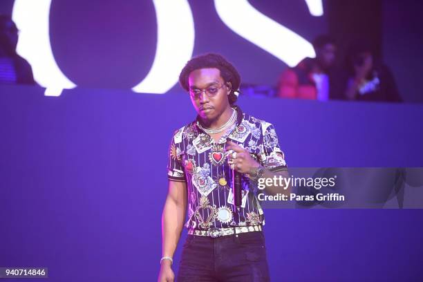 Rapper Takeoff of the Migos performs onstage in concert during V-103 Live Pop Up Concert at Philips Arena on March 31, 2018 in Atlanta, Georgia.