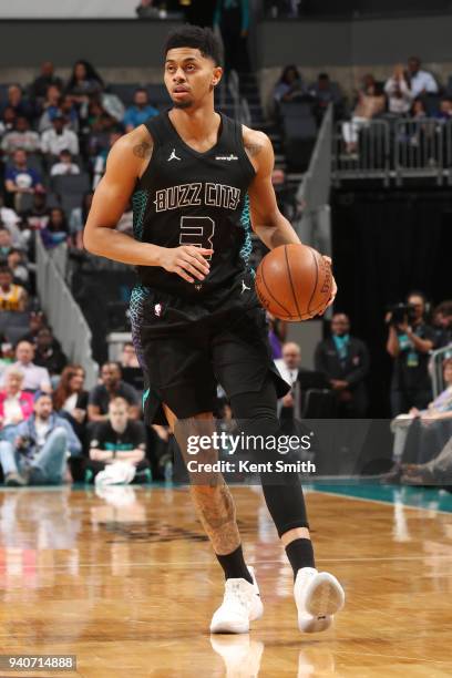 Jeremy Lamb of the Charlotte Hornets handles the ball during the game against the Philadelphia 76ers on April 1, 2018 at Spectrum Center in...