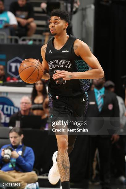 Jeremy Lamb of the Charlotte Hornets handles the ball during the game against the Philadelphia 76ers on April 1, 2018 at Spectrum Center in...