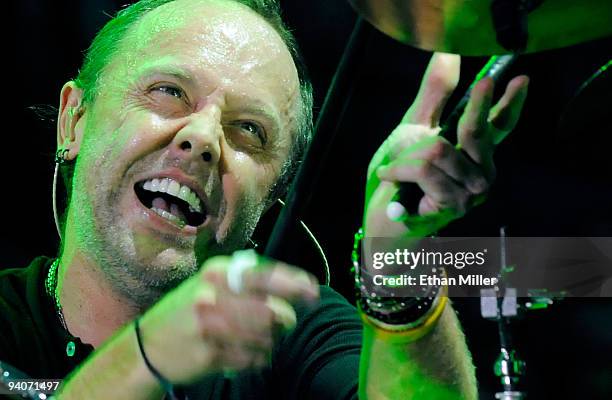 Metallica drummer Lars Ulrich performs during a sold-out concert at the Mandalay Bay Events Center December 5, 2009 in Las Vegas, Nevada. The band is...