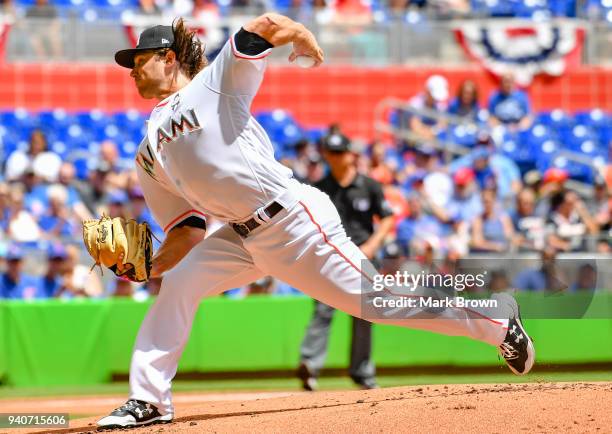 Dillon Peters of the Miami Marlins pitches in the first inning against the Chicago Cubs at Marlins Park on April 1, 2018 in Miami, Florida.