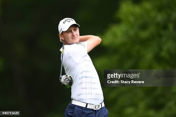 Emiliano Grillo of Argentina hits his tee shot on the second hole during the final round of the Houston Open at the Golf Club of Houston on April 1,...