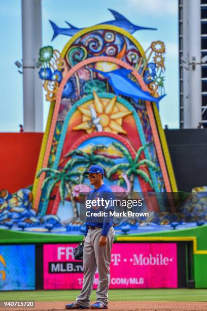 Anthony Rizzo of the Chicago Cubs stands at first base in the second inning against the Miami Marlins at Marlins Park on April 1, 2018 in Miami,...