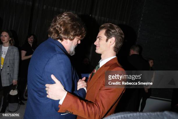 Oskar Eustis congratulates Andrew Garfield at the afterparty for the premiere of the revival of Angels in America at Espace on March 25, 2018 in New...