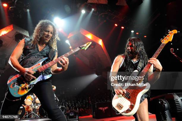 Metallica guitarist Kirk Hammett and bassist Robert Trujillo perform during a sold-out concert at the Mandalay Bay Events Center December 5, 2009 in...