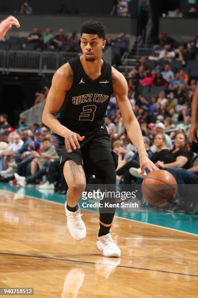 Jeremy Lamb of the Charlotte Hornets handles the ball during the game against the Philadelphia 76ers on April 1, 2018 at Spectrum Center in...