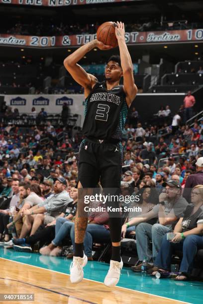Jeremy Lamb of the Charlotte Hornets shoots the ball during the game against the Philadelphia 76ers on April 1, 2018 at Spectrum Center in Charlotte,...