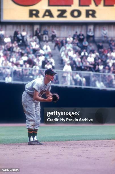 Shortstop Harvey Kuenn of the Detroit Tigers defends during an MLB game against the New York Yankees on May 13, 1955 at Yankee Stadium in the Bronx,...