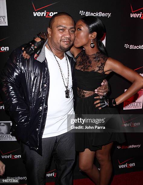 Timbaland and Brandy arrive at show for Timbaland's Release Of Shock Value II at LIV nightclub at Fontainebleau Miami on December 5, 2009 in Miami...