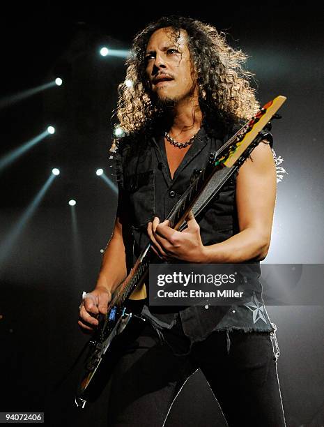 Metallica guitarist Kirk Hammett performs during a sold-out concert at the Mandalay Bay Events Center December 5, 2009 in Las Vegas, Nevada. The band...