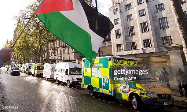 The "Viva Palestina" aid convoy of ambulances leaves Westminster in central London for Gaza on December 6, 2009. The Return to Gaza convoy was led by...
