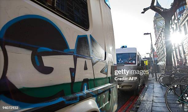 The "Viva Palestina" aid convoy of ambulances prepares to leave Westminster in central London for Gaza on December 6, 2009. The Return to Gaza convoy...