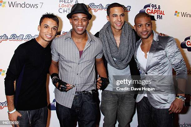 Jonathan Gill, Ortise Williams, Marvin Hulmes and Aston Merrigold of JLS attend the Capital FM Jingle Bell Ball - Day 1 at 02 Arena on December 5,...