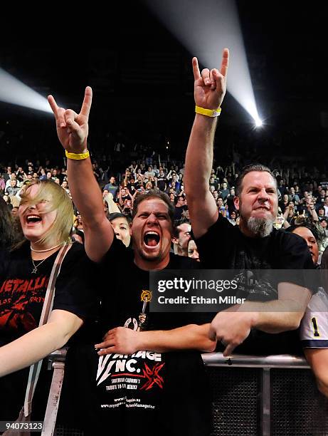 Fans react as Metallica performs during a sold-out concert at the Mandalay Bay Events Center December 5, 2009 in Las Vegas, Nevada. The band is...