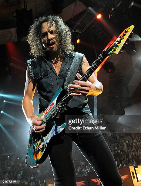 Metallica guitarist Kirk Hammett performs during a sold-out concert at the Mandalay Bay Events Center December 5, 2009 in Las Vegas, Nevada. The band...