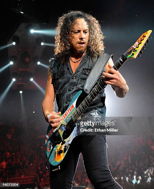 Metallica guitarist Kirk Hammett performs during a sold-out concert at the Mandalay Bay Events Center December 5, 2009 in Las Vegas, Nevada. The band...