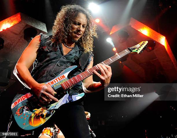 Metallica guitarist Kirk Hammett performs during a sold-out concert at the Mandalay Bay Events Center December 5, 2009 in Las Vegas, Nevada. The band...