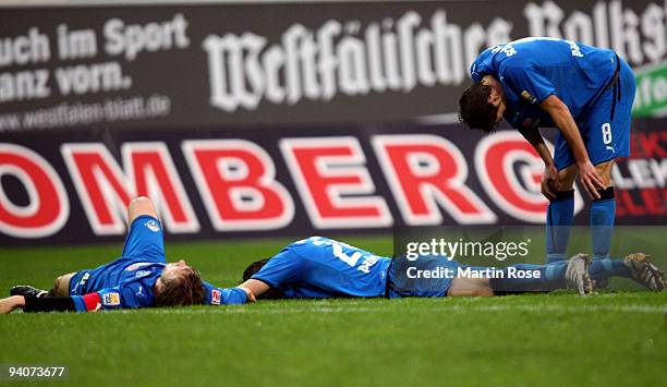 Markus Kroesche, Soeren Halfar and Sebastian Schachten of Paderborn look dejected during the Second Bundesliga match between SC Paderborn and MSV...