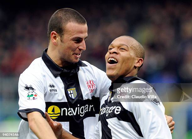 Jonathan Biabiany of Parma FC celebrates after scoring the first goal with Luca Antonelli during the Serie A match between Genoa and Parma at Stadio...
