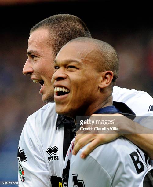 Celebrates of Jonathan Biabiany and Luca Antonelli of Parma FC after the first goal during the Serie A match between Genoa and Parma at Stadio Luigi...