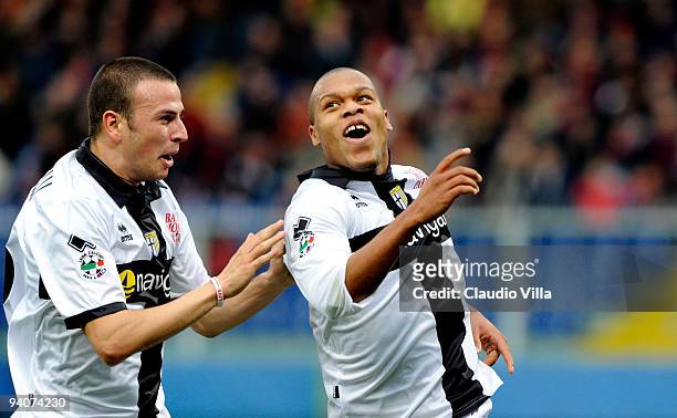 Jonathan Biabiany of Parma FC celebrates after scoring the first goal with Luca Antonelli during the Serie A match between Genoa and Parma at Stadio...