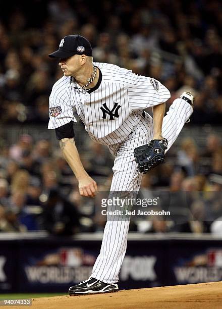 Starting pitcher A.J. Burnett of the New York Yankees throws a pitch against the Philadelphia Phillies in Game Two of the 2009 MLB World Series at...