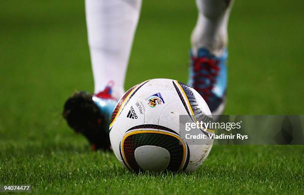 The new Adidas World Cup 2010 ball is seen during the Bundesliga match between 1. FC Koeln and SV Werder Bremen at RheinEnergie Stadium on December...