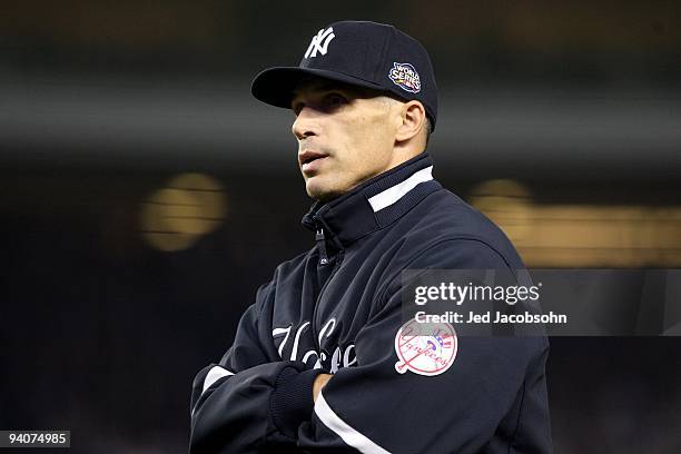 Manager Joe Girardi of the New York Yankees looks on against the Philadelphia Phillies in Game Two of the 2009 MLB World Series at Yankee Stadium on...