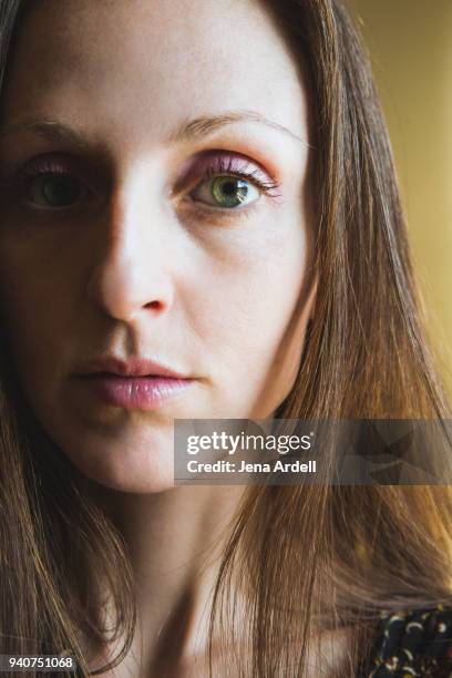 closeup portrait woman - pale complexion stock-fotos und bilder