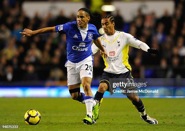 Steven Pienaar of Everton is challenged by Benoit Assou- Ekotto of Tottenham Hotspur during the Barclays Premier League match between Everton and...