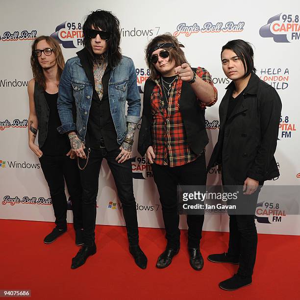Blake Healy, Trace Cyrus, Mason Musso and Anthony Improgo of 'Metro Station' attend the Capital FM Jingle Bell Ball - Day 2 at 02 Arena on December...