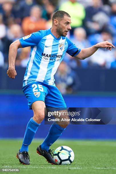 Medhi Lacen of Malaga CF in action during the La Liga match between Malaga and Villarreal at Estadio La Rosaleda on April 1, 2018 in Malaga, Spain.