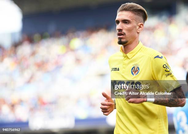 Samuel Castillejo of Villarreal CF looks on during the La Liga match between Malaga and Villarreal at Estadio La Rosaleda on April 1, 2018 in Malaga,...