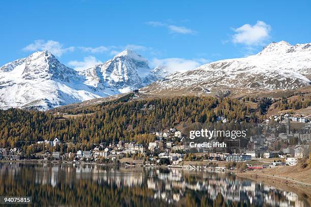 indian summer: st.moritz lake with yellow larchs and snow mountains - st moritz stock pictures, royalty-free photos & images