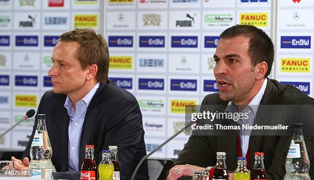 Manager Horst Heldt and Markus Babbel attend the VfB Stuttgart press conference at the Daimler Arena on December 6, 2009 in Stuttgart, Germany....