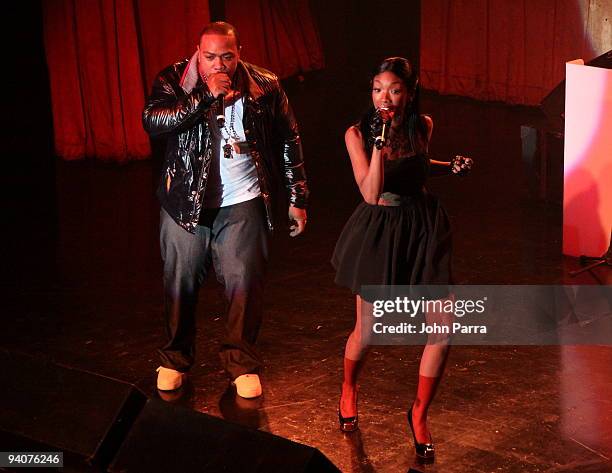 Timbaland and Brandy perform at Timbalands album Shock Value II at LIV nightclub at Fontainebleau Miami on December 5, 2009 in Miami Beach, Florida.