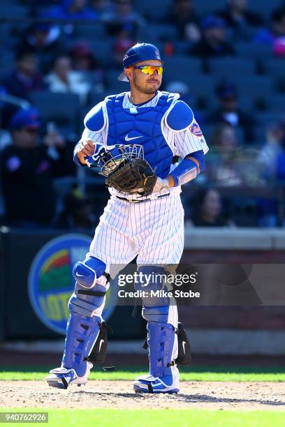 Travis d'Arnaud of the New York Mets in action against the St. Louis Cardinals at Citi Field on March 31, 2018 in the Flushing neighborhood of the...